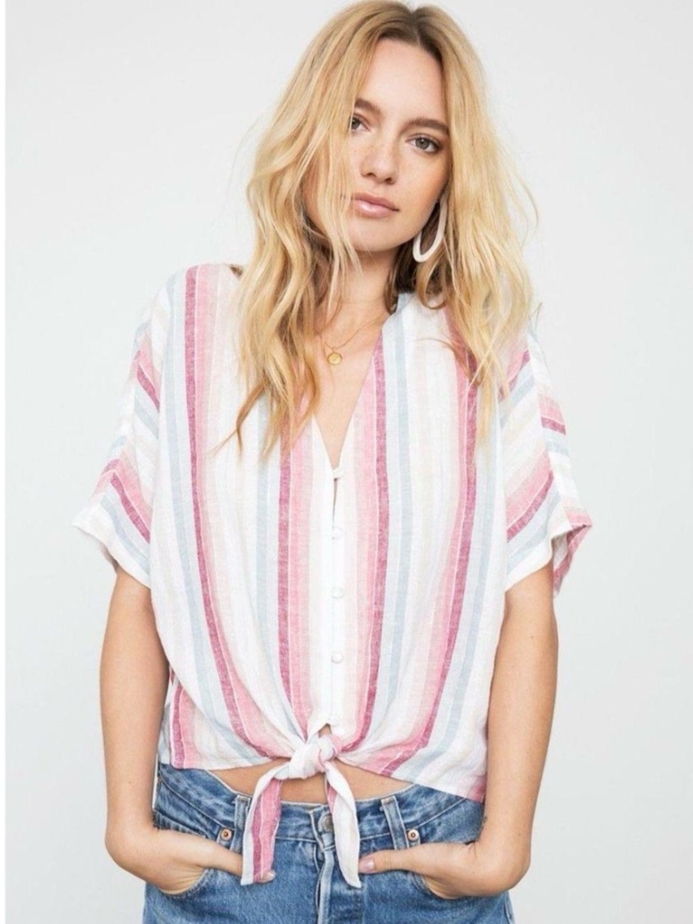 Rails Women’s Thea Tropic Stripe Tie Front Short Sleeve Button Down Top, XS